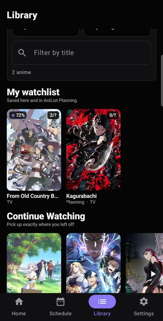Library screen with watchlist and continue watching, synced with AniList